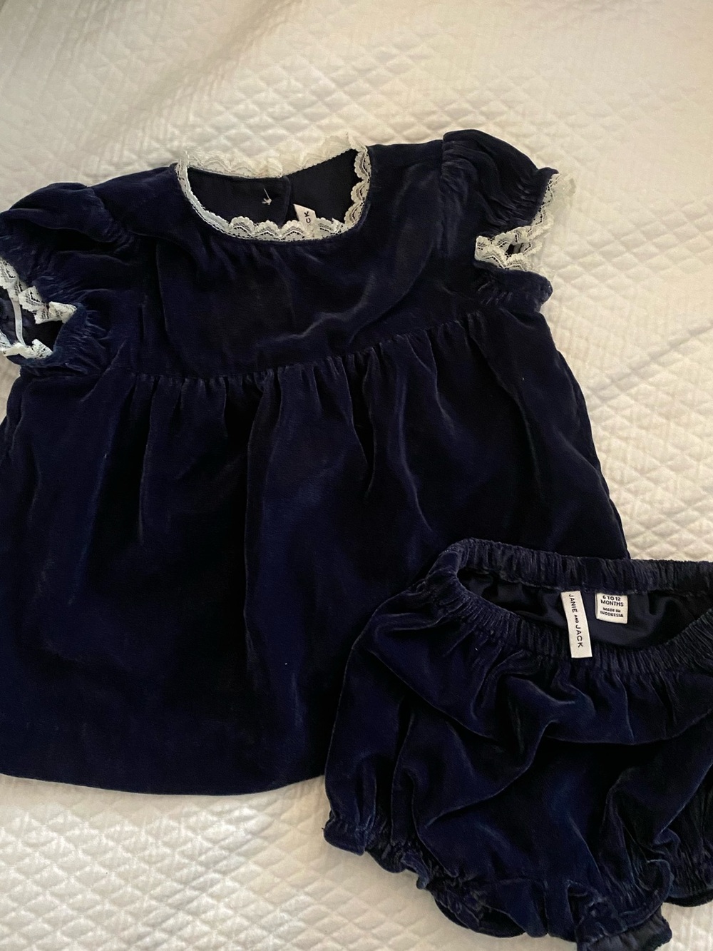 Janie & Jack Navy Velvet Dress with White Lace Trim- 6-12mo